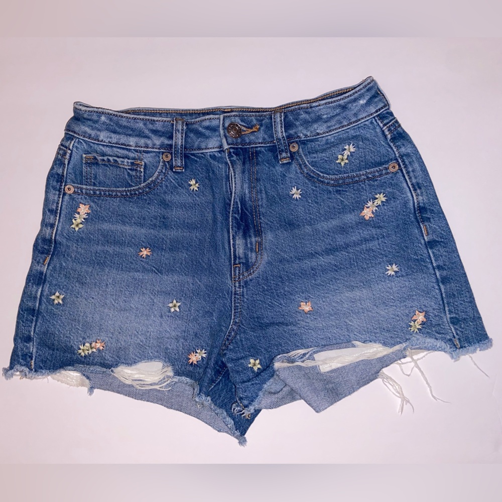 American Eagle Outfitters Blue Jean Shorts with Floral Embroidery - Picture 1 of 4